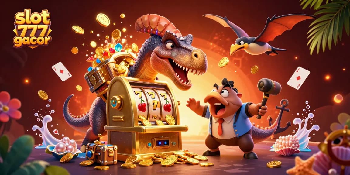 Feel the thrill as slot 777 gacor jackpot coins pour from a golden machine amidst vibrant cartoon dinosaurs.