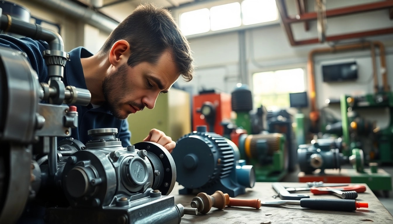 Technician performing hydraulic repair services on machinery in a well-lit workshop.