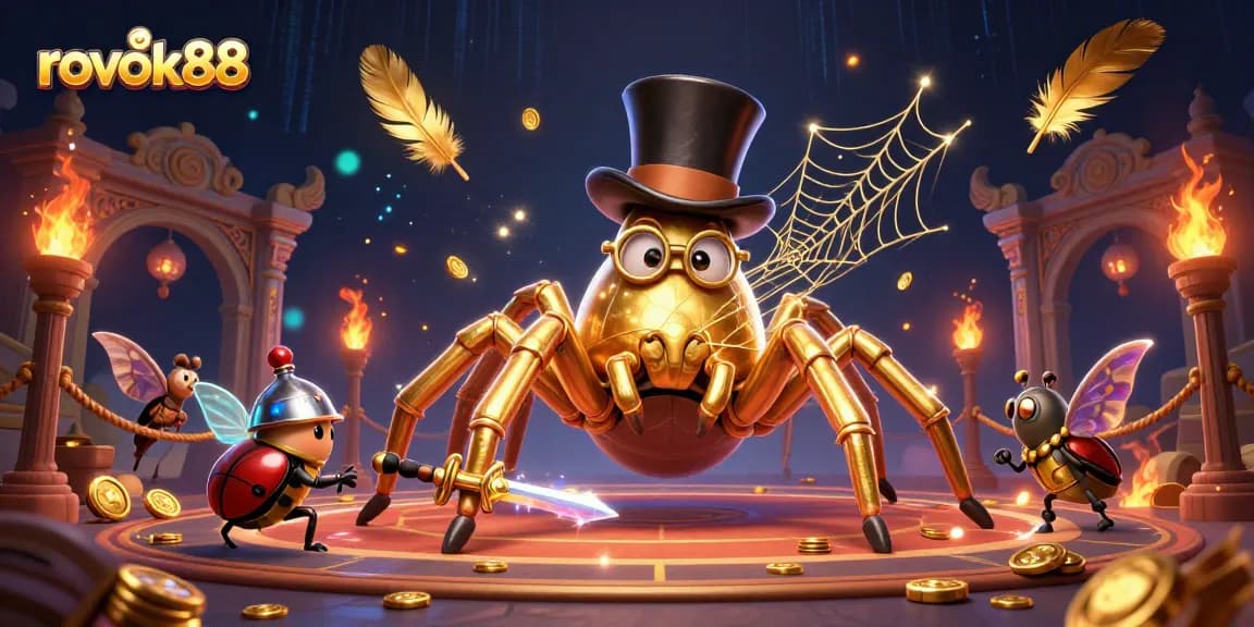 rokok88 showcases a daring beetle knight ready for action amidst a vibrant casino environment.