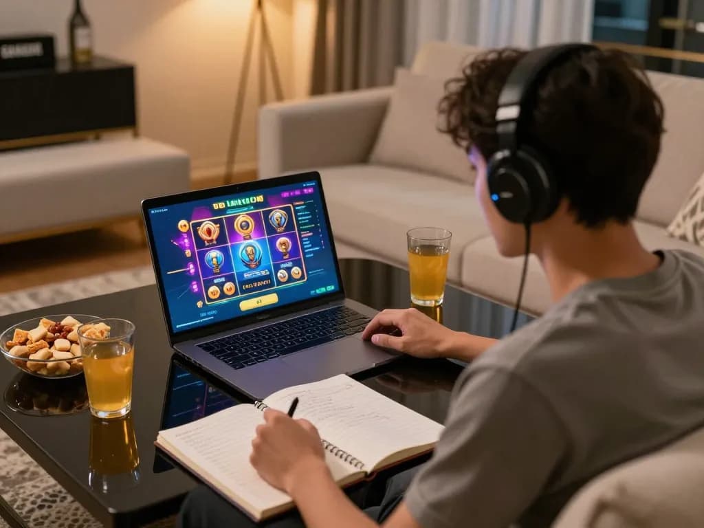 Player enjoying a thrilling session of slot gacor on a laptop at home, focusing on strategy and excitement.
