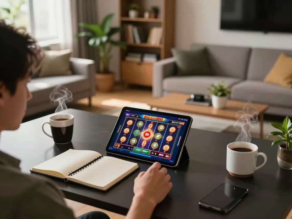 Engaged player enjoying casino online stranieri on tablet in cozy home setup.