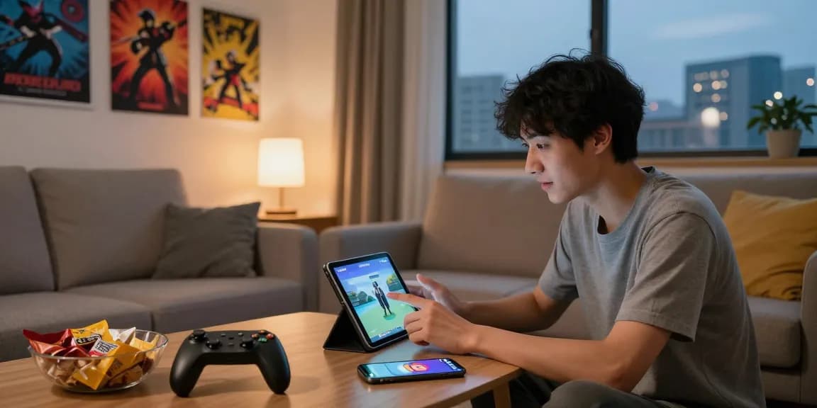 Pengguna cipung138 sedang bermain game interaktif di ruang tamu nyaman dengan cahaya hangat.