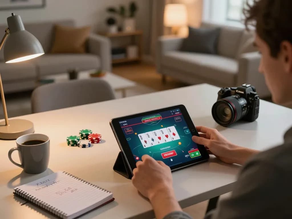 Engaging in casino online gratis senza registrazione with a tablet, showcasing the online gambling experience at home.