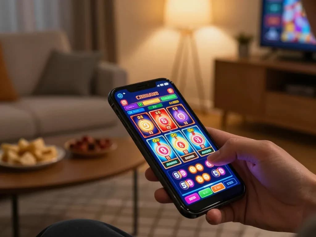 Engaging gameplay experience of slot mahjong on smartphone, showcasing colorful reels spinning in an inviting home setting.