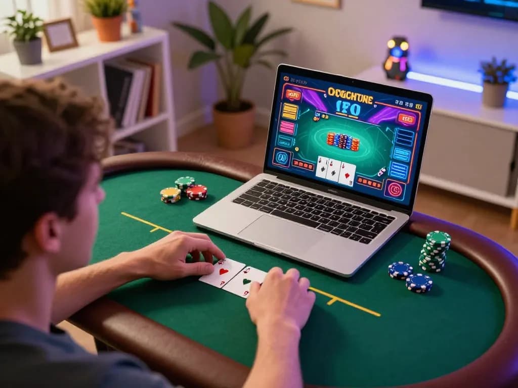 Engaged player immersing in online toto poker game with colorful interface and chips displayed.