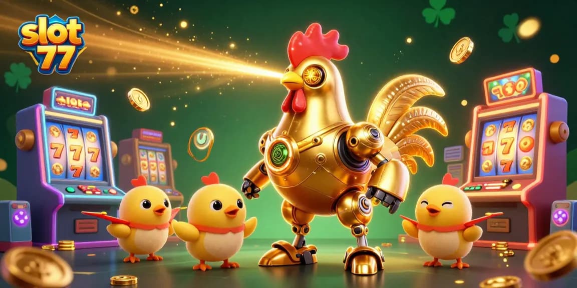 Engage with slot 77's vibrant 3D scene featuring a golden rooster robot amidst colorful slot machines, bringing action-packed fun.