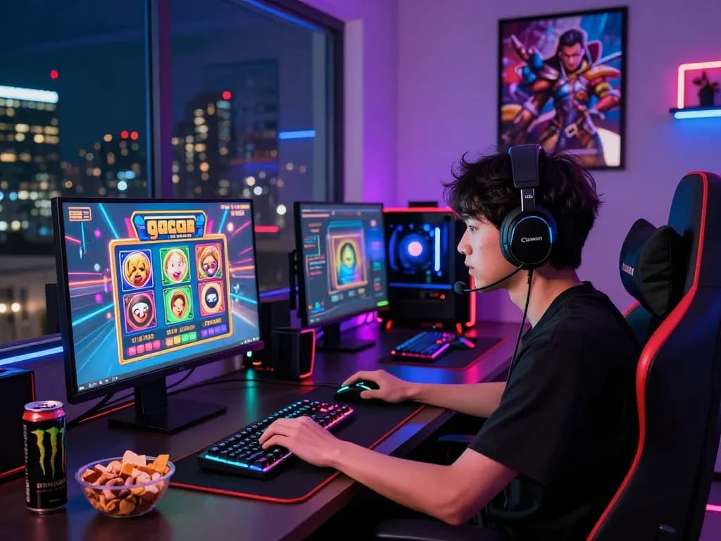 Gamer yang terlibat dalam permainan slot gacor hari ini di workstation canggih dengan lampu LED yang cerah.