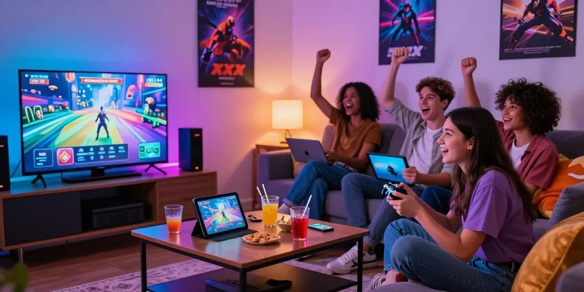 Friends enjoying engaging xxx games in a cozy living room setting with snacks and vibrant lights.