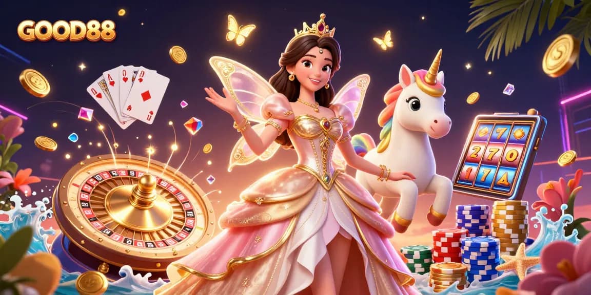 Experience the excitement of casino gaming with GOOD88's vibrant 3D illustration featuring luxurious characters and dynamic game elements.
