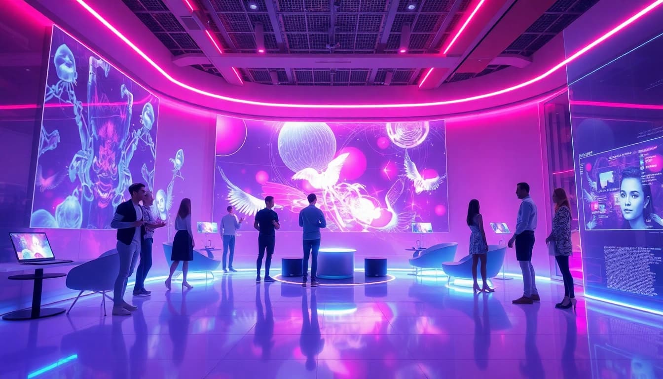 Futuristic lounge showcasing users interacting with AI companions in an NSFW AI digital landscape.