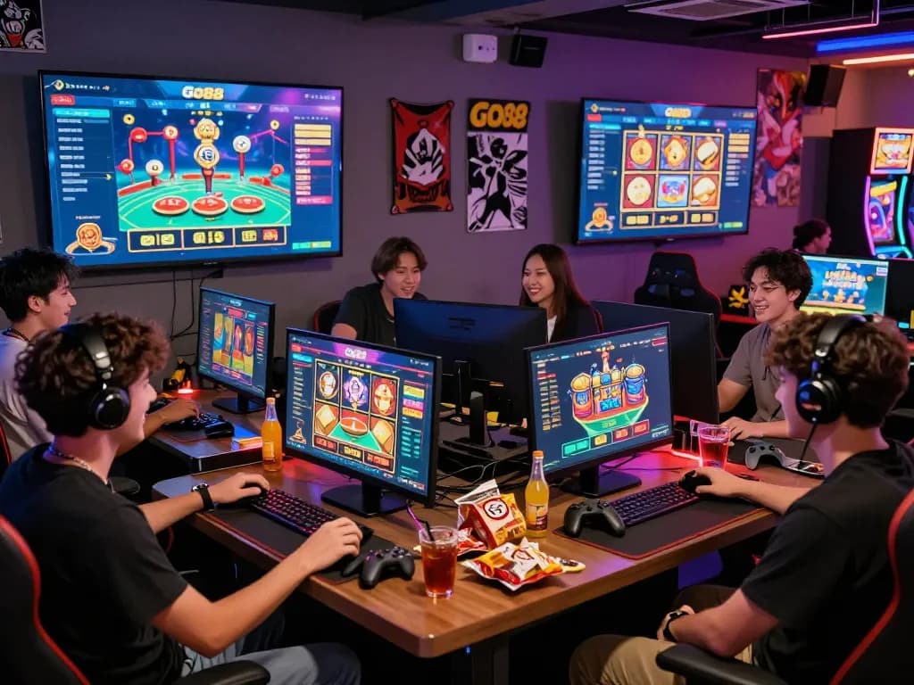 Exciting gaming environment with players engaging in tải go88 games, colorful screens, snacks, and accessories.