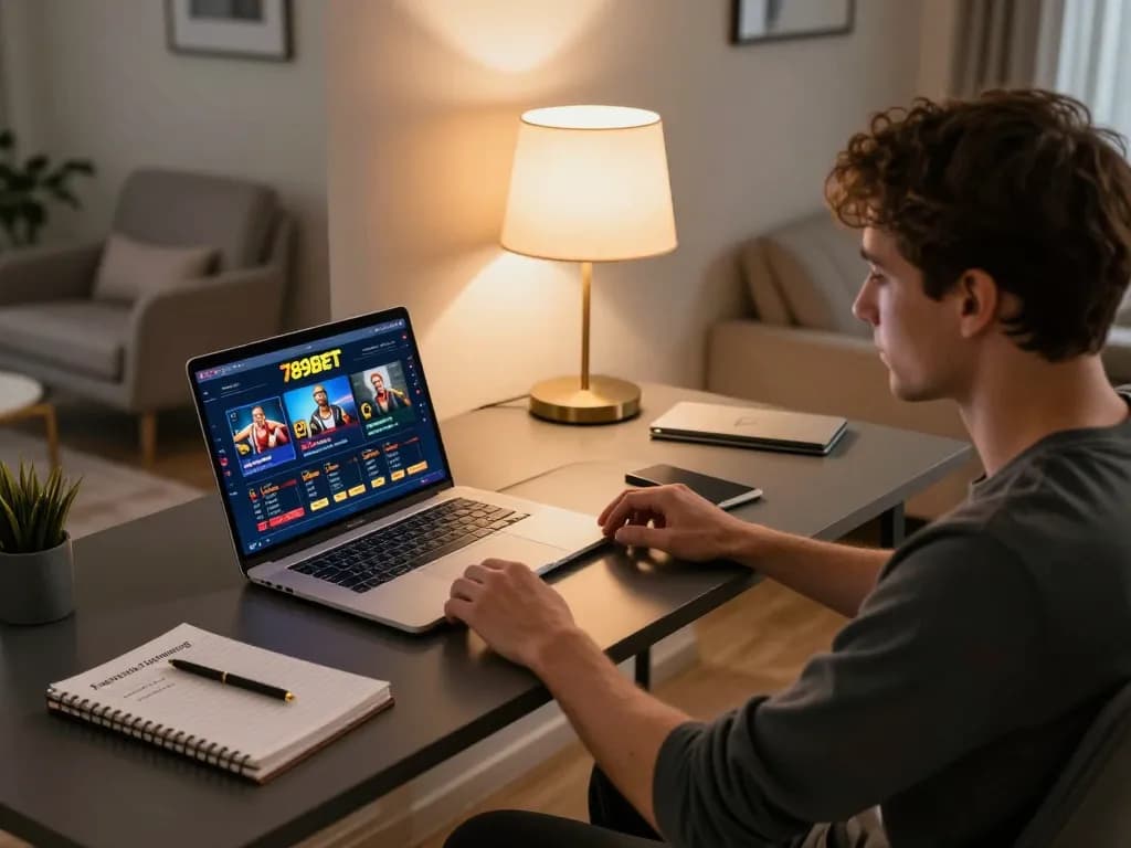 Player engaging with 789BET online casino game interface on laptop, showcasing responsible gaming.