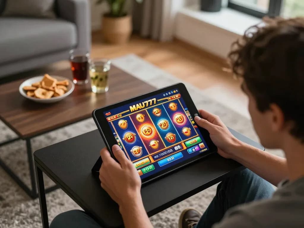 Person playing MAU777 online slots on a tablet in a cozy home setting, enjoying a responsible gaming experience