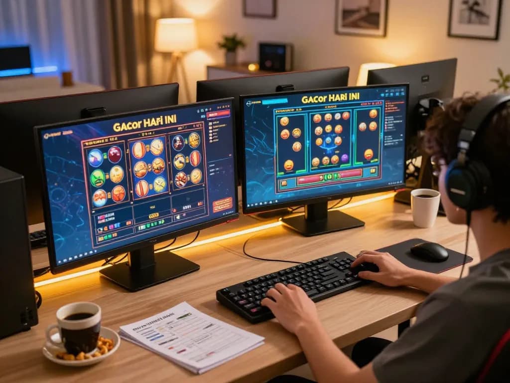 Player engaging with slot gacor hari ini games on multiple screens in a modern home-office setup.