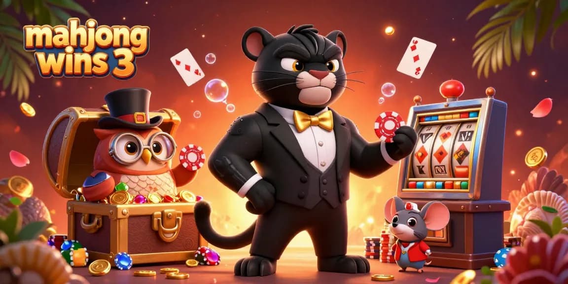 Experience mahjong wins 3 with our vibrant 3D casino illustration featuring lively characters and slot elements.