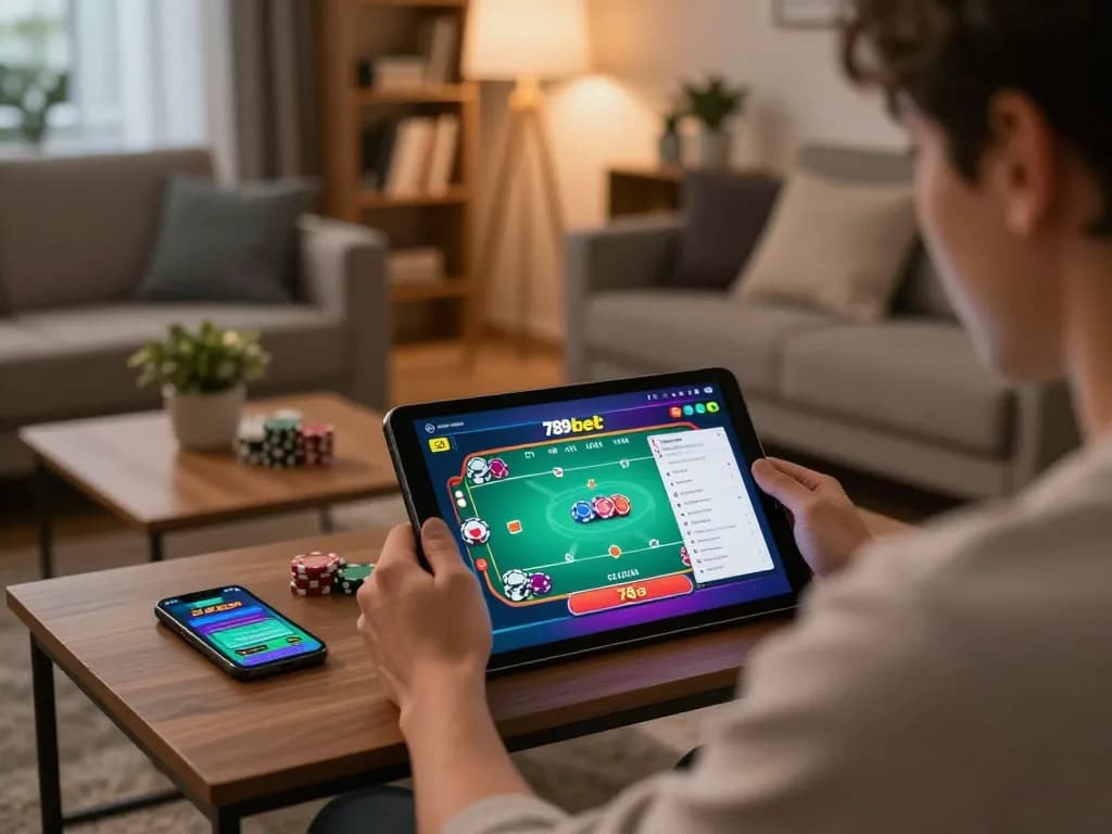 Engaged user playing poker on 789bet tablet in a cozy home setup, showcasing strategy notes and smartphone.