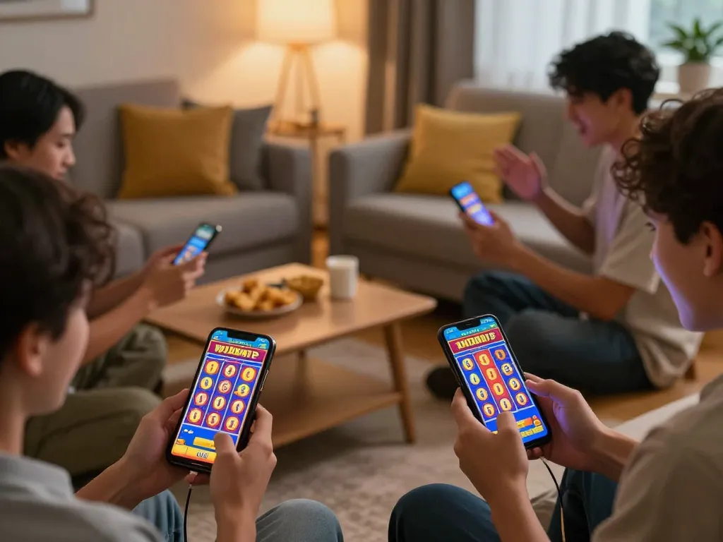 Players celebrating a big win on สล็อต888 mobile slots in a cozy living room setting.