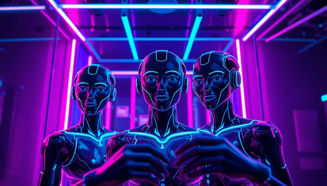 Engaging AI sex interface showcasing digital characters in a futuristic setting