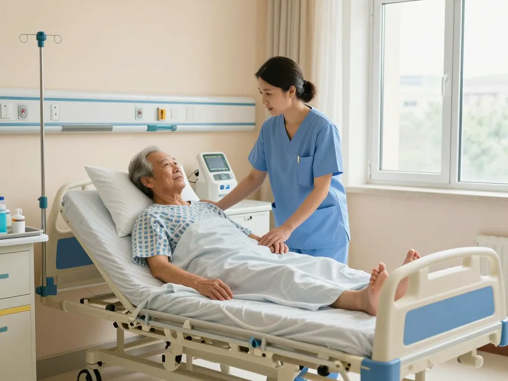 Adjustable giường bệnh nhân in a well-lit hospital room with caregiver assisting elderly patient.