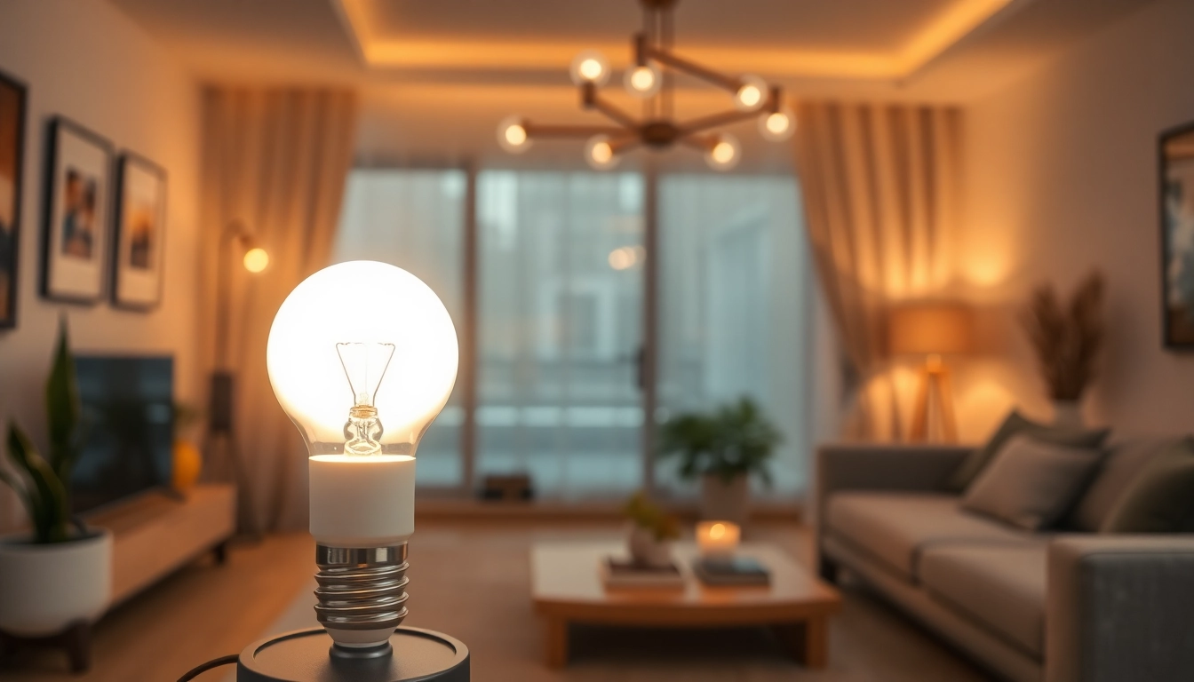 Enhance your space with a glowing g16 bulb that illuminates a cozy living room.