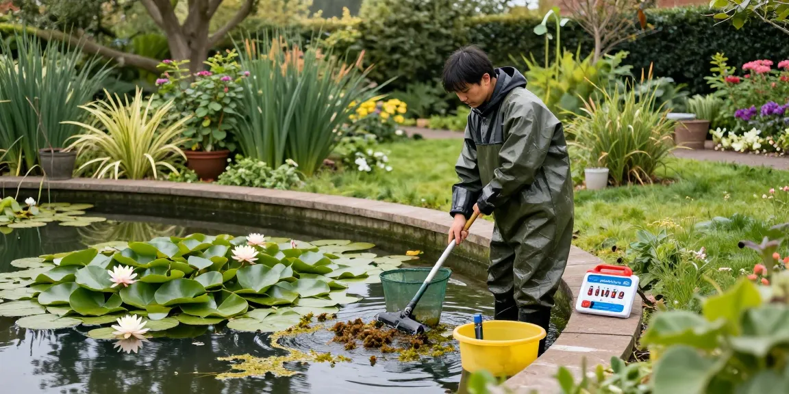 Pond Clean Kent expert removing algae from a serene garden pond