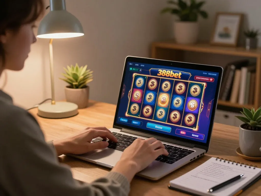 Engaging with 388bet online slots in a cozy home office setup, highlighting strategy notes.