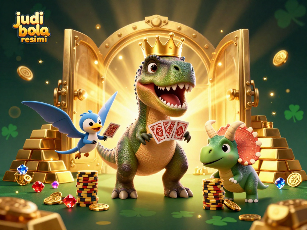 Experience the thrill of judi bola resmi with friendly dinosaurs in an extravagant casino scene.