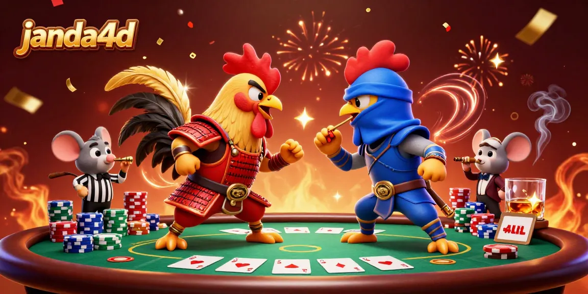 Janda4d menampilkan duel seru dua ayam bertarung di arena permainan poker dengan suasana penuh detail.