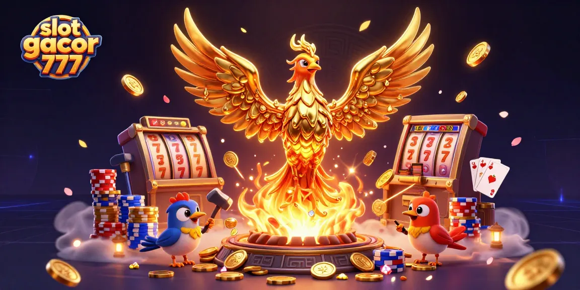 Menang lebih banyak dengan slot gacor 777 melalui ilustrasi mengagumkan dari permainan kasino dengan phoenix emas yang memancarkan koin.