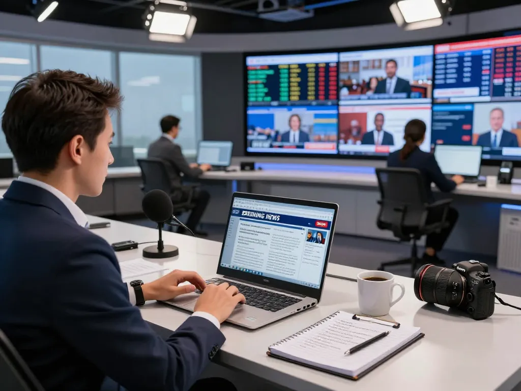 This article on CBS News showcases a bustling newsroom with journalists collaborating on breaking news.
