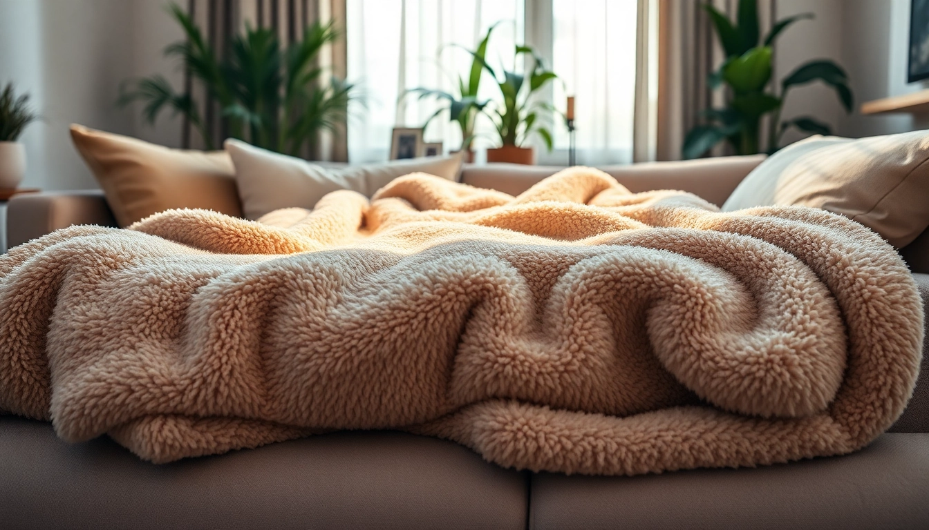 Fleece dekentje wordt prachtig uitgestald op een moderne bank in een stijlvolle woonkamer.