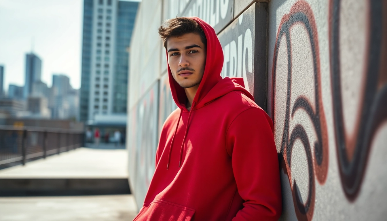 Young model showcasing blank hoodies against an urban backdrop, highlighting street fashion trends.