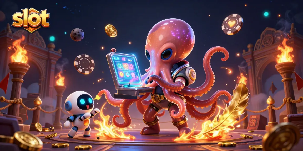 Spin the slot machine with an alien octopus and robot in an exciting casino scene