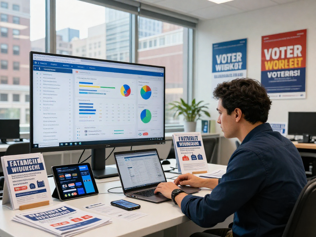 Strategist analyzing voter outreach services data in a modern office.