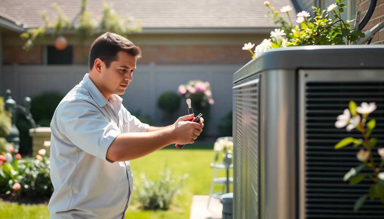 Technician performing stillwater ac repair on an outdoor unit in a serene garden setting.