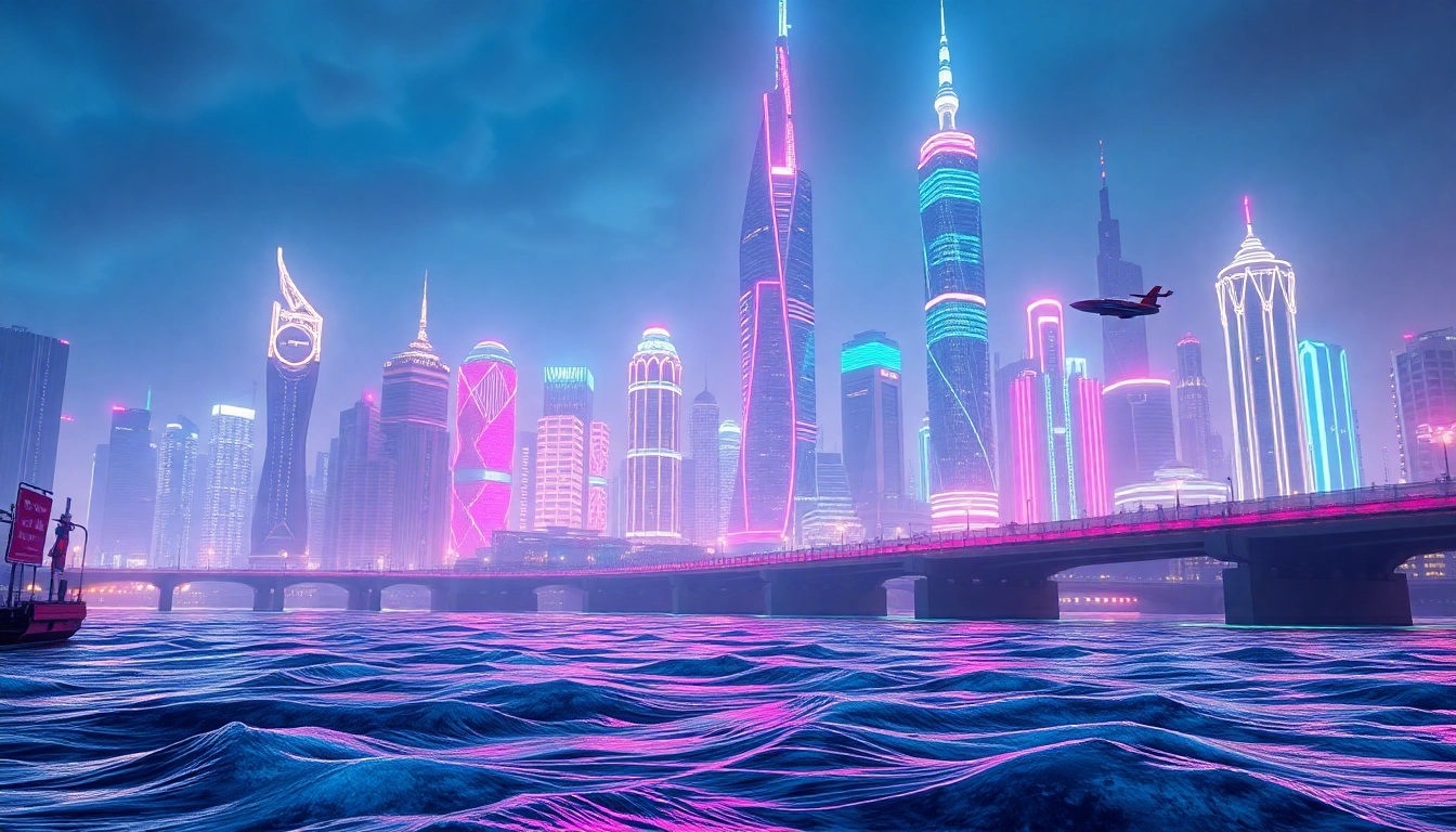 3D Animation of a vibrant futuristic city skyline with neon lights and animated elements.