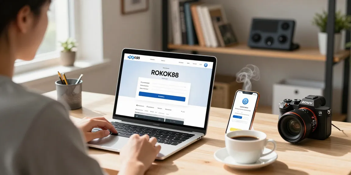 User performing ROKOK88 login in a cozy home office, showcasing a laptop and personal tech.