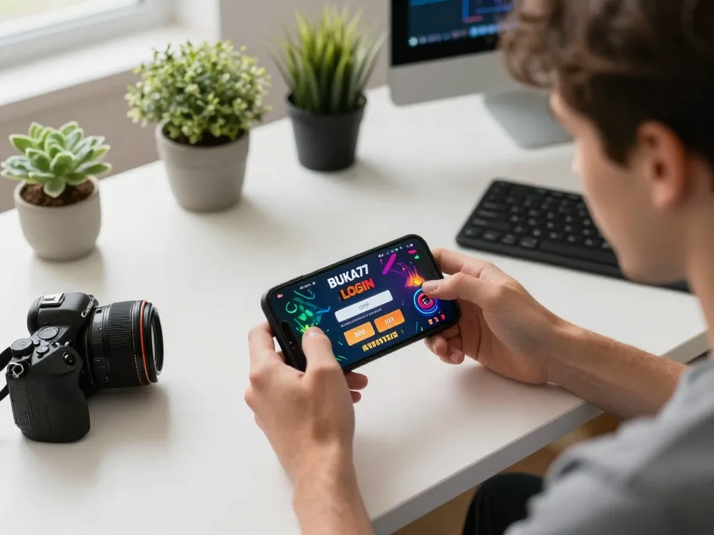 BUKA77 LOGIN screen displayed on a smartphone, player excitedly preparing to place bets in a cozy home setup.