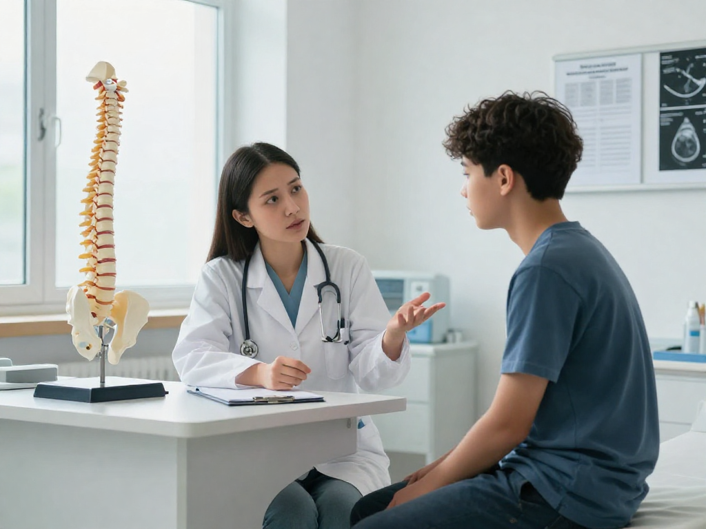 Boyun fıtığı ameliyatı consultation in a modern clinic with a doctor explaining options to a patient