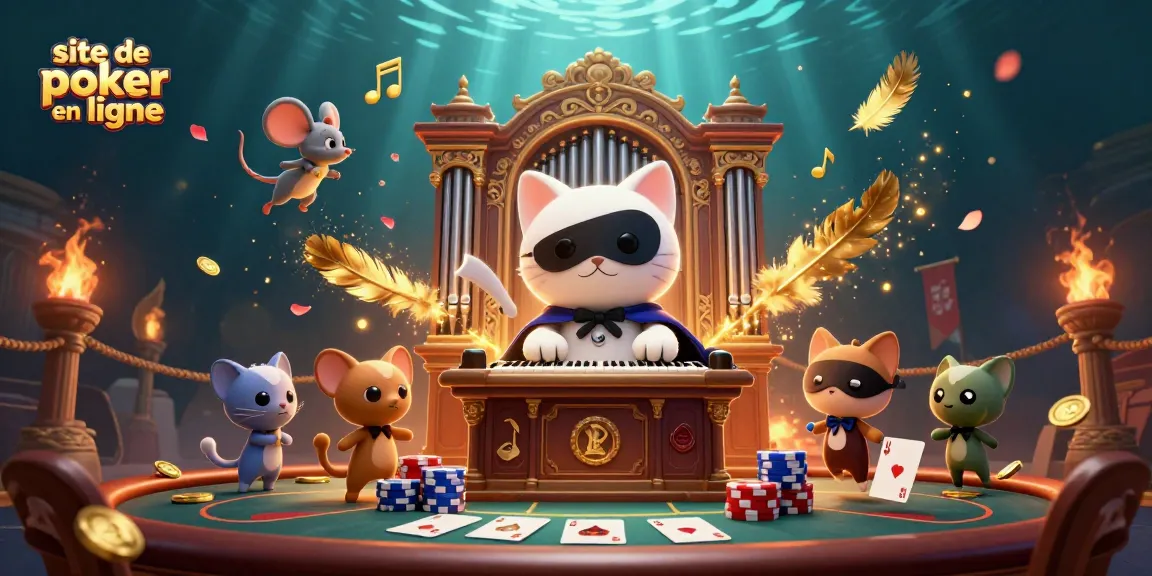Jouez sur le site de poker en ligne avec une ambiance de casino idyllique remplie de cartes et de jetons.