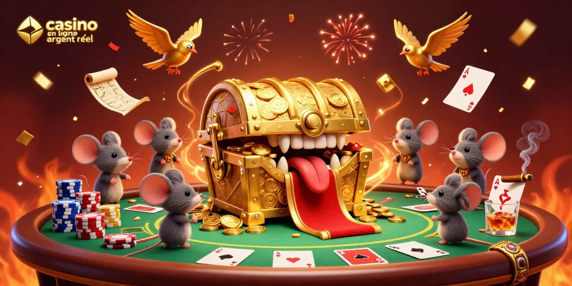 Casino en ligne argent réel avec un coffre au trésor attirant des joueurs, ambiance festive de jeu.