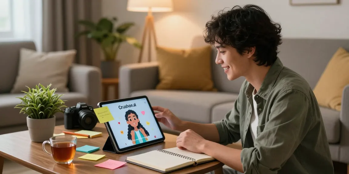 Engaging in Crush on AI interaction in a cozy living room.