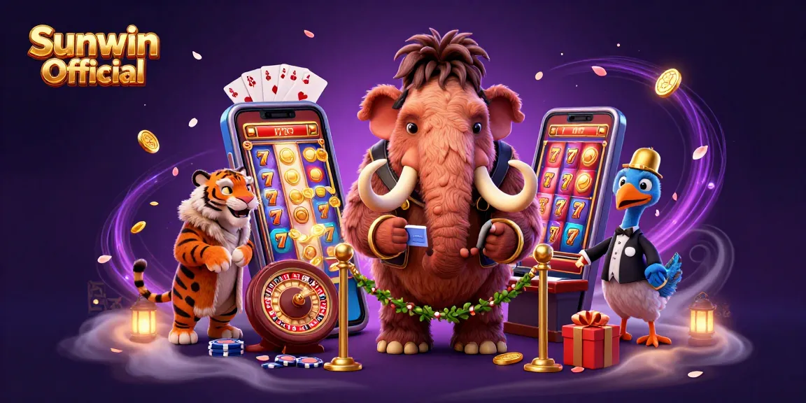 Engage in exciting games at Sunwin Official, featuring a mammoth bouncer, VIP saber-tooth, and vibrant casino elements.