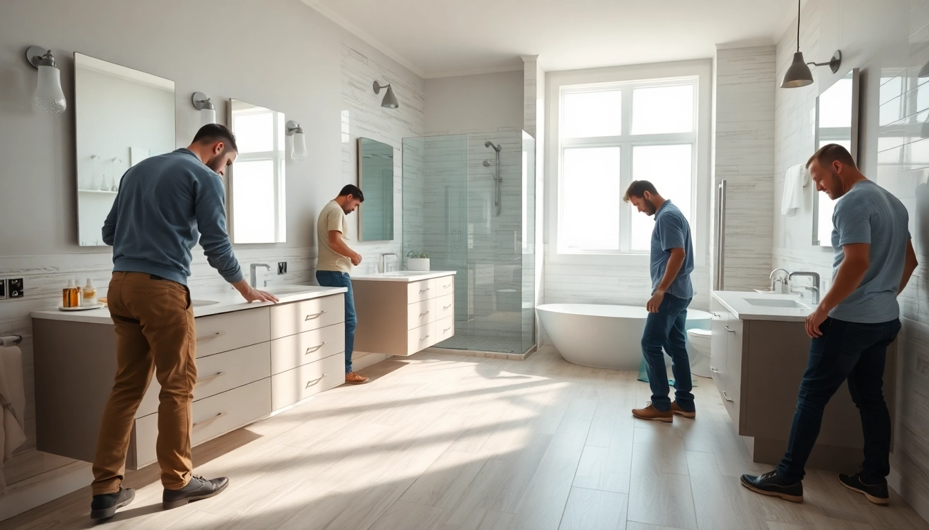 Bathroom remodeling contractors transforming a modern bathroom space with high-quality fixtures.