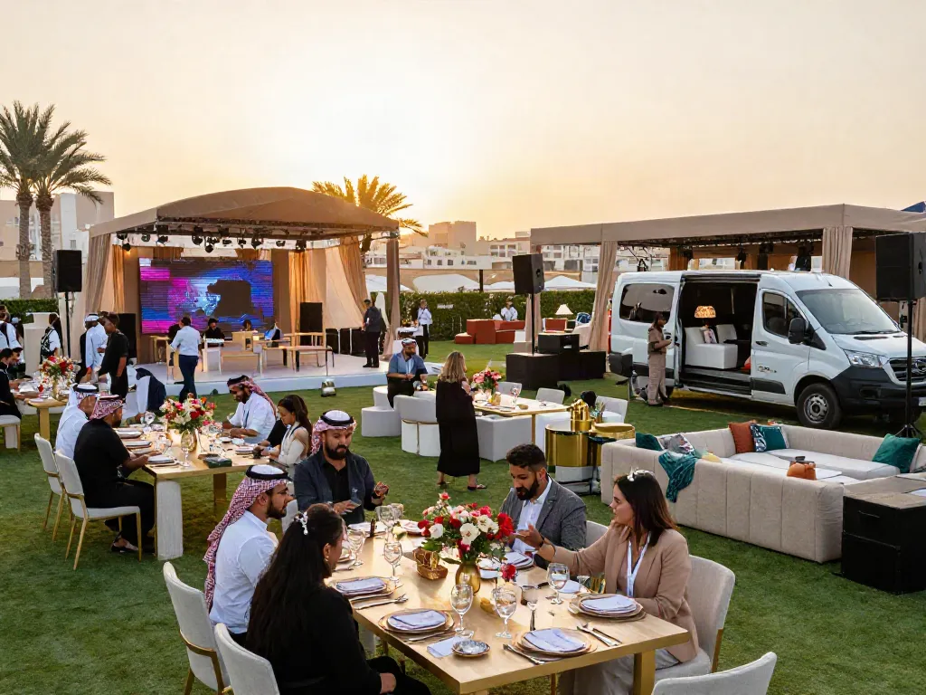 Event rental ksa scene with planners setting up luxury outdoor event featuring elegant tables and AV equipment.