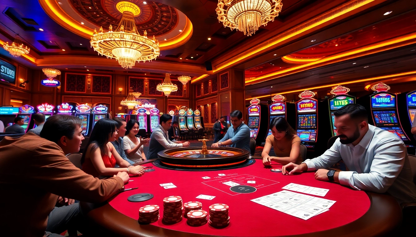 Gamblers engaging in high-stakes action at a luxurious casino table with Hay88 branding.