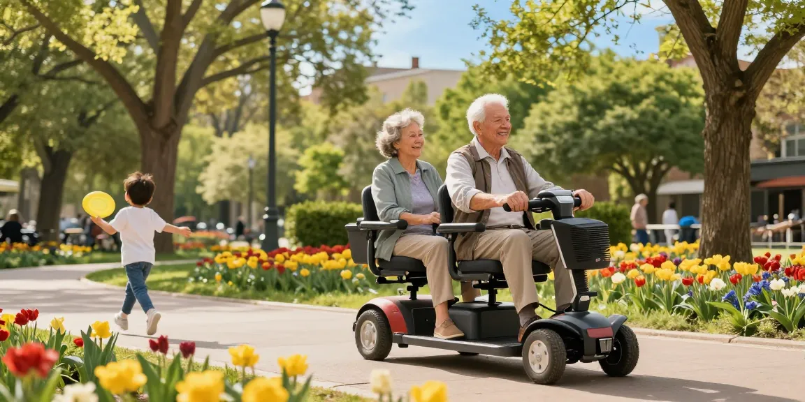 Happy elderly couple using an electric mobility scooter in a vibrant park, showcasing ease and community connection.