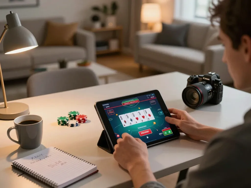 Engaging in casino online gratis senza registrazione with a tablet, showcasing the online gambling experience at home.