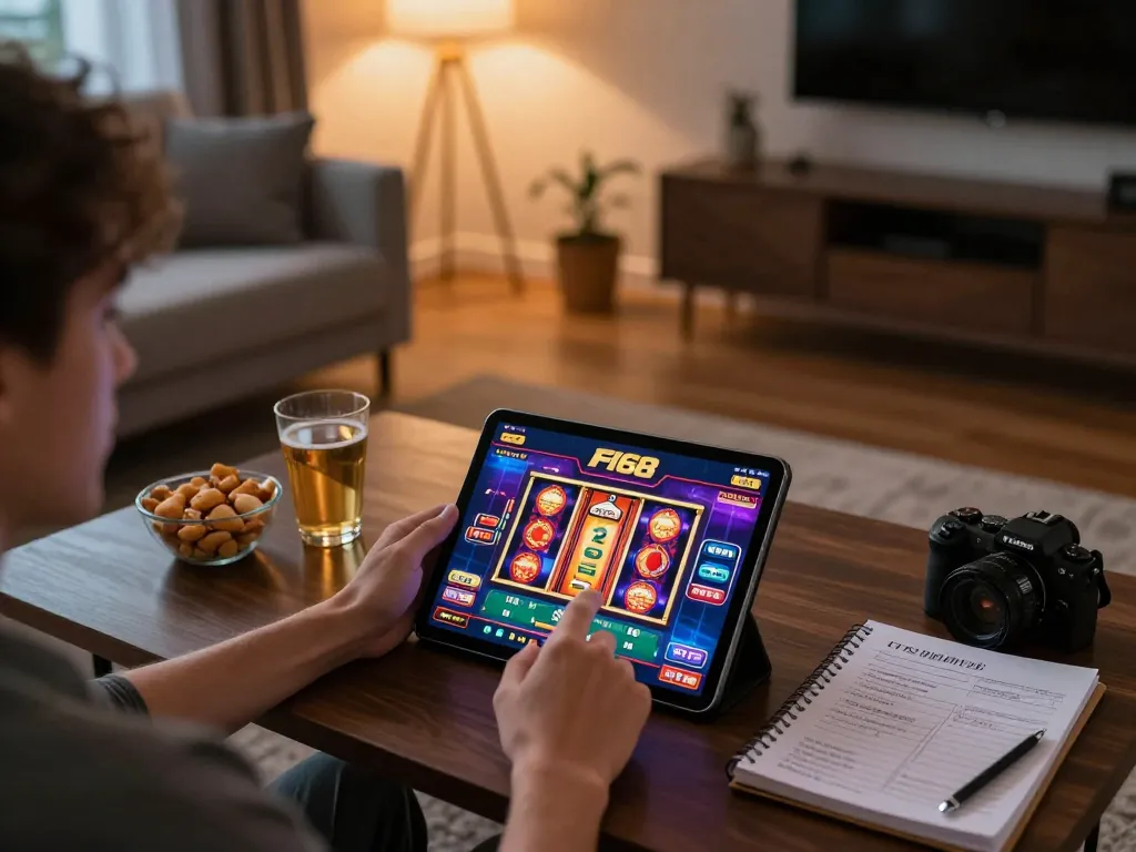 Engaging gameplay on F168 app through tablet in cozy home setting, showcasing interactive casino excitement.