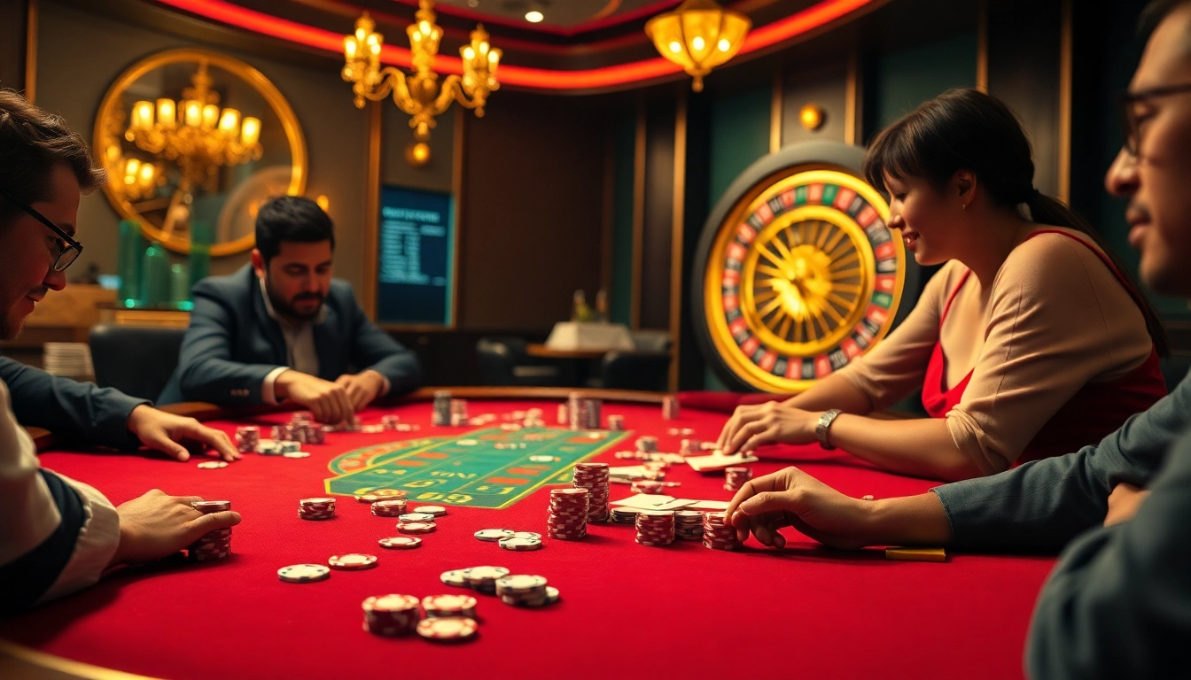 Zonafilm showcases an immersive casino experience with players at a poker table and a roulette wheel.